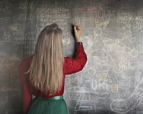 female teacher writing complicated equations on chalk board